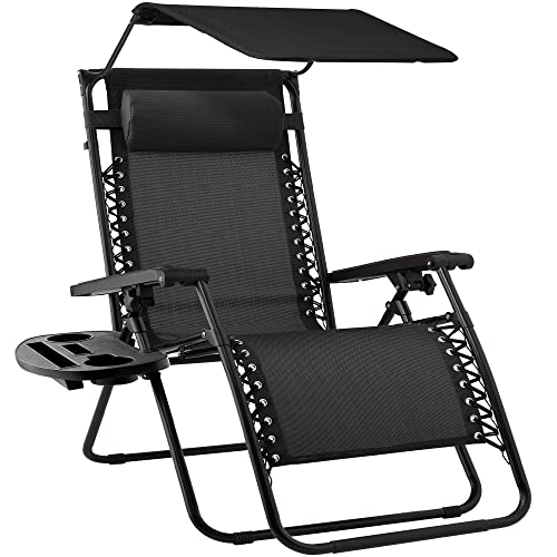 Best Choice Products Folding Zero Gravity Outdoor Recliner Patio Lounge Chair w/Adjustable Canopy Shade, Headrest, Side Accessory Tray, Textilene Mesh - Black