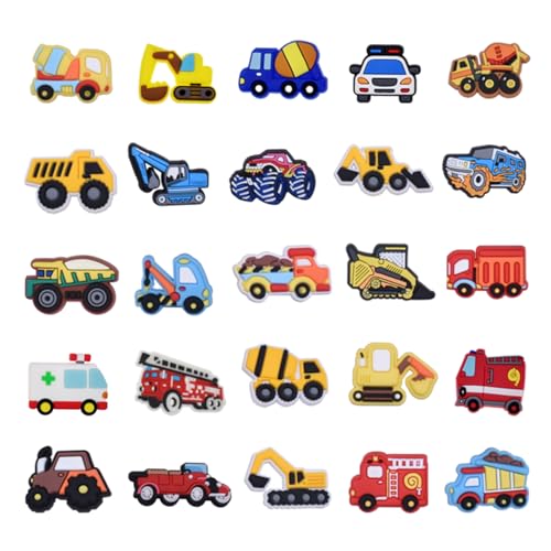 25pcs Different Construction Truck Shoe Charms Shoes Decoration Accessories for Croc Wristband Bracelet Girls Boys Teens Kids Birthday Party Christmas Gifts