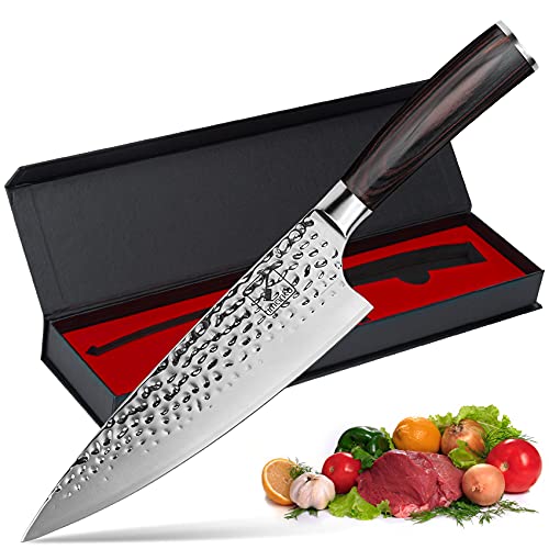 imarku Damascus Chef Knife, 8 inch Kitchen Knife Ultra Sharp Cooking Knife HC German Stainless Steel Japanese Knife for Kitchen, Hand-Hammered Design, Ergonomic Handle, Christmas Gifts for Women Men