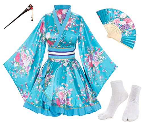 Japanese Anime Women's Dance Kimono Robe Fancy Dress Yukata Silk Folding Fans Tabi Hairstick Socks Set Blue Large