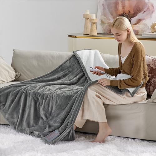 Bedsure Electric Blanket with Foot Pocket - Flannel Heated Throw Blanket, Heating Blanket with 4 Time Settings, 6 Heat Settings, and 3-Hour Timer Auto Shut Off (50x60 inches, Grey)