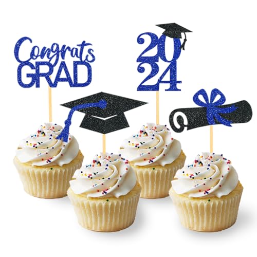 24Pcs Graduation Cupcake Toppers, Graduation Cupcake Picks for Cupcake Food Decorations - Class of 2024 Graduation Cupcake Toppers Supplies (Blue)