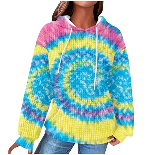 today deals prime Tie Dye Hoodies for Women 3D Printed Sweatshirt Long Sleeve Drawstring Waffle Tie Dyed Hooded Pullover (3-Sky Blue, L)