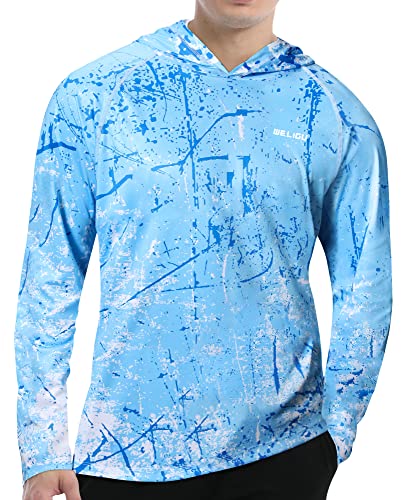 WELIGU Men's UPF 50+ Sun Protection Hoodie Shirt Long Sleeve SPF Fishing Outdoor UV Hiking Shirts Lightweight Ocean Blue X-Large