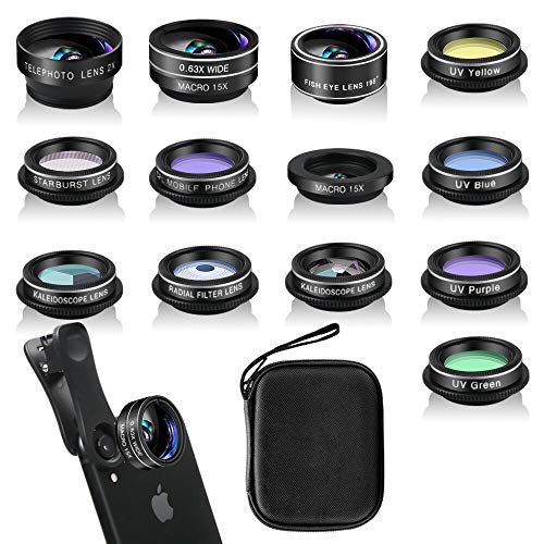Phone Camera Lens Kit (13 Pieces) for iPhone 11 Xs 10 8 7 6 Plus SE Samsung and Most Andriod Phone- Wide Angle Lens & Macro Lens+Fisheye Lens and More