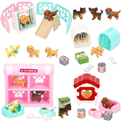 TQQFUN Pet Pretend Educational Play Toys, 32 PCS Dog Figures Playset, Realistic Detailed Puppy Care Role Center Gift for Kids Toddlers Boys and Girls