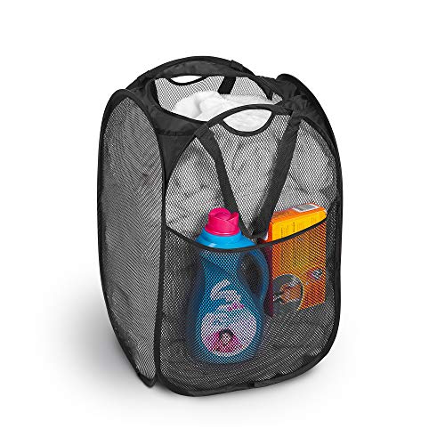 Smart Design Deluxe Mesh Pop Up Square Laundry Hamper w/ Side Pocket & Handles - VentilAir Fabric Collapsible Design - for Clothes & Laundry - Home - (Holds 2 Loads) (14 x 23 Inch) [Black]