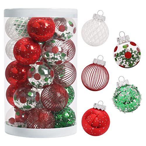 JIALEIXI 25PCS Christmas Ornaments Set, 2.36'/6CM Assorted Clear Plastic Shatterproof Ball Hanging Ornaments for Xmas Tree Decorations, for Indoor Home Holiday Decor - Red/Green/White.