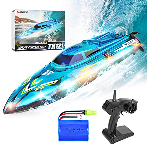 BEZGAR TX121 RC Boat Remote Control Boat for Pools and Lakes, 2.4GHz Racing RC Boats for Adults and Kids, Top Speed 20+MPH, Features with Transparent Cover and LED Effect, with Rechargeable Battery