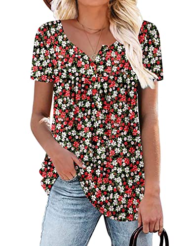 Womens Short Sleeve Tunic Top Henley V Neck Blouse with Ruffle Hem Casual Summer Tops S