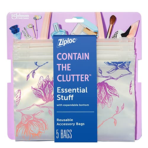 Ziploc Reusable Travel Makeup and Accessory Bag, Great for School or Work, Charm Collection, 5 Essential Style Bags