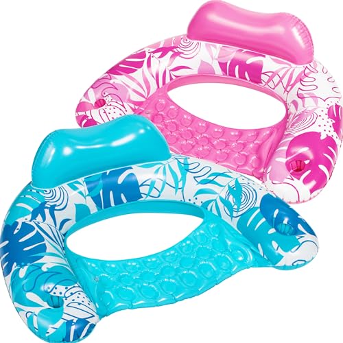 Sloosh Inflatable Pool Floats Adult, 2 Pack Pool Chairs with Cup Holders, Blow up Floating Pool Floats Chair, Pool Floaties for Adults Swimming Pool Party Summer Water Fun(Summer Leaves