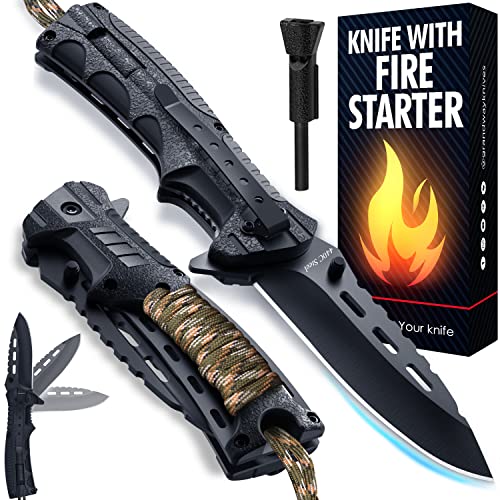Pocket Knife - Tactical Folding Knife - Spring Assisted Knife with Fire Starter Paracord Handle - Best EDC Survival Hiking Hunting Camping - Knife Firestarter and Whistle - Stocking Stuffers 6772