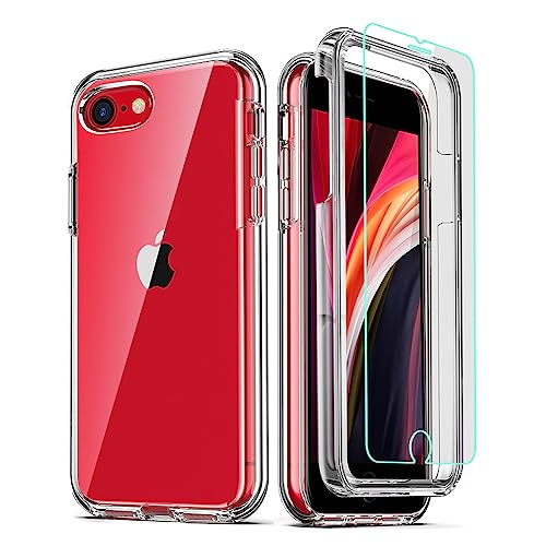 COOLQO Compatible for iPhone SE Case 2022/3rd/2020/2nd gen, [2 Pack Tempered Glass Screen Protector] [Hard PC+Soft TPU] [3 in 1] Full Body Coverage Protective Shockproof Silicone Phone Cover, Clear
