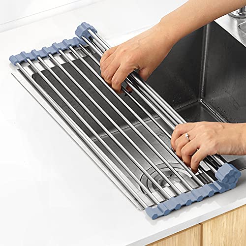 MECHEER Over The Sink Dish Drying Rack, Roll Up Dish Drying Rack Kitchen Dish Rack Stainless Steel Sink Drying Rack, Foldable Dish Drainer, Gray