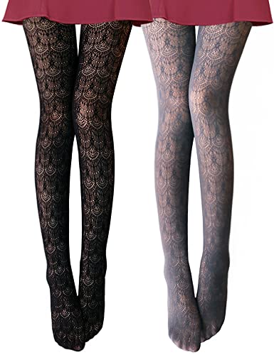 VERO MONTE 2 Pairs Womens Hollow Out Knit Tights (Grey + Black) Lace Stockings