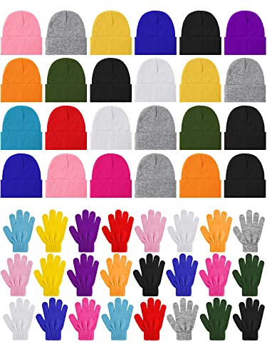 48 Pcs Kids Winter Beanie and Gloves Set Bulk Pack Knit Hat Unisex Magic Gloves Pack Winter Gift for Boy Girl Donation Favor (Multiple Colors)