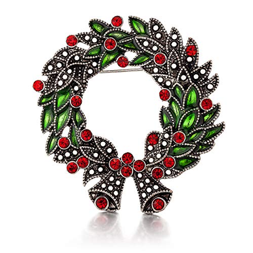 RareLove 1.96' XMAS Vintage Wreath Bell Bowknot Christmas Pins and Brooches Red CZ Crystal Rhinestone Brooch Pin Gift For Women Girls Alloy Plated