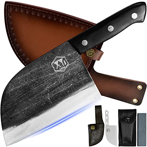 XYJ Authentic Since 1986,Outstanding Ancient Forging,6.7 Inch Full Tang,Serbian Chefs knife,Chef Meat Cleaver,Kitchen Knives,Set with Leather Sheath,Take Carrying,Butcher