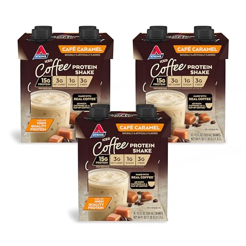 Atkins Café Caramel Iced Coffee Protein Shake, 15g Protein, Low Glycemic, 3g Net Carb, 1g Sugar, Keto Friendly, 12 Count