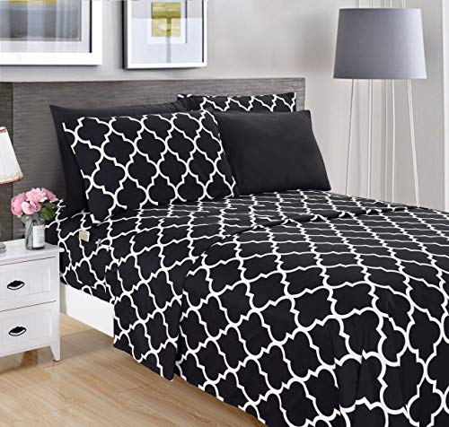 Elegant Comfort 6-Piece Quatrefoil Printed Deep Pocket Bed Sheet Set, Luxurious Silky 1500 Thread Count Bed Sheet Set Ultra Soft Wrinkle Resistant Bedding Set, Queen, Black