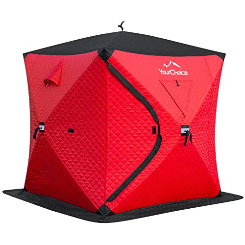 Your Choice Pop Up 3-4 Person Ice Fishing Shelter, Fully Insulated Ice Fishing Shelter, with Insulated Layer to Windproof and Warm Ice Fishing Tent, Ice Fishing Gear and Equipment - Color Red