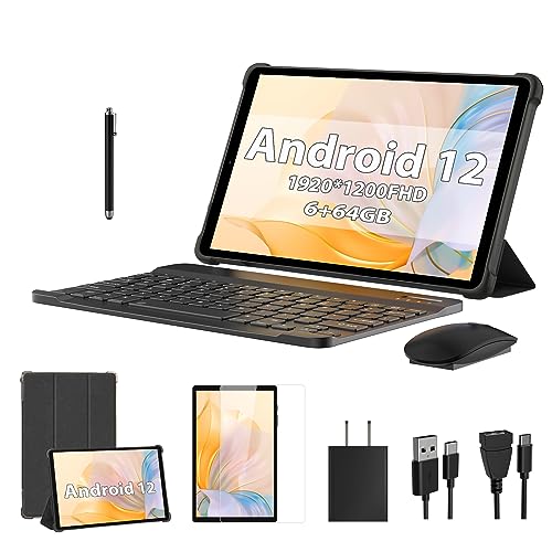 TOSCiDO 2023 Android 12 Tablet 10.1 inch 2 in 1 Tablets 1080P FHD in-Cell LCD Screen, 6GB+64GB Expand to 1TB, Octa-Core CPU, 1920 * 1200 Resolution,8MP&13MP Camera|Wi-Fi| GPS| Keyboard| Mouse-Black