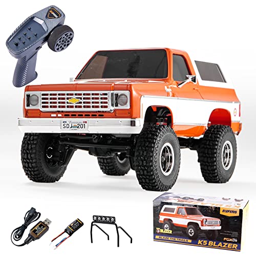 EAZYRC X FMS 1/24 Chevy K5 Blazer 1976s RC Truck RTR Orange, with Lisense RC Crawler, 4WD 5Km+ 2-Speed Transmission RC Car Off-Road Vehicle with 2.4 Ghz Radio, Battery, LED Light and USB Charger