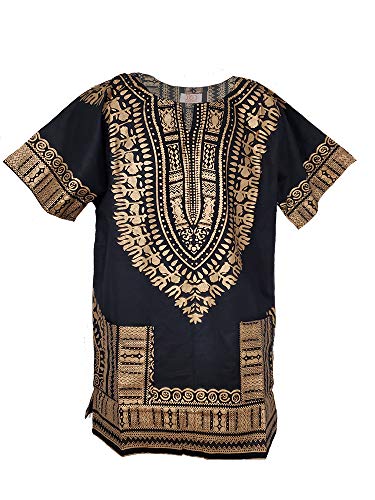 Black and Gold Traditional African Print Dashiki Shirt (Large)