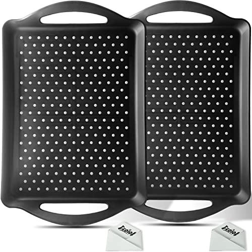 ECOIOU Non Slip Food Serving Tray with Handles, 2-Pack Rectangle Anti-Slip Non-Toxic Dishwasher Safe Tray for Snack Fruit Dessert Breakfast Drink (Black)