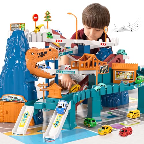 TEMI Boys Race Track Car Garage Parking Adventure Toy Gifts 3 4 5 6 7 8 9 Years Old Boys Girls Toddlers, Preschool Games Toys for Kids Vehicle Playsets (Dinosaur Track Car1232-48)
