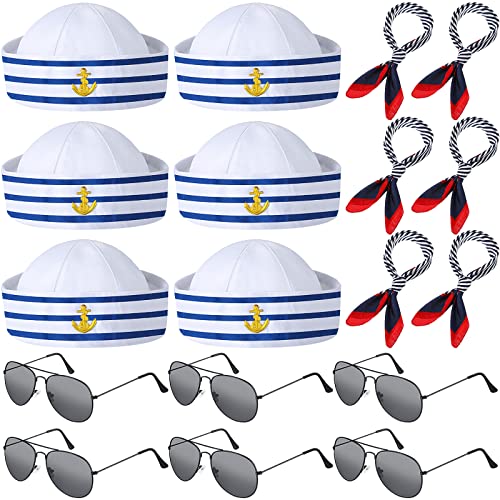 Hercicy 18 Pieces Sailor Costume Accessories Sailor Hat and Scarf Sunglasses Navy Blue with White Nautical Cap Satin Scarf Polarized Sunglasses for Women Men Costume Accessory Dressing up Party