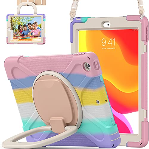 iPad 10.2 Case 9th Generation 2021 / 8th Gen 2020 / 7th 2019,Heavy Sturdy Shockproof Kids Case with Screen Protector,Rotating Stand/Pencil Holder/Shoulder Strap for iPad 10.2Inch - Colourful Pink
