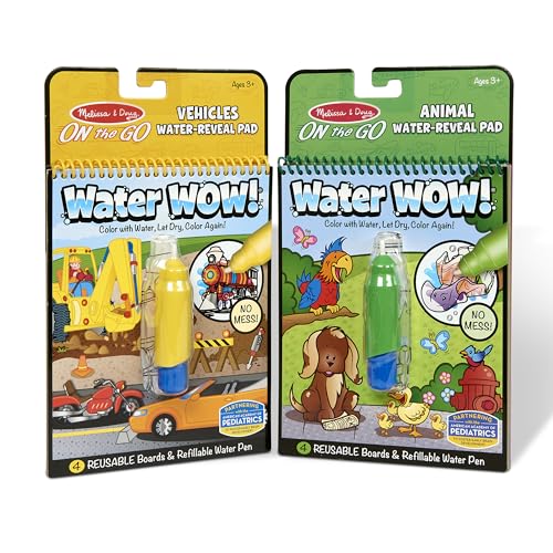 Melissa & Doug On the Go Water Wow! Reusable Water-Reveal Activity Pads, 2-pk, Vehicles, Animals - Party Favors, Stocking Stuffers, Travel Toys For Toddlers, Mess Free Coloring Books For Kids Ages 3+