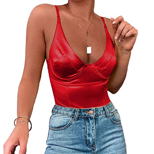 Velius Women's Sexy Deep V Neck Shiny Thong Bodysuit Tank Tops with Underwire (Red, X-Large)