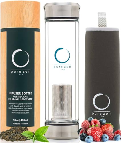 Pure Zen Tea Tumbler with Infuser - Double Wall Glass Travel Tea Mug with Stainless Steel Filter - Leakproof Tea Infuser Bottle with Strainer for Loose Leaf Tea and Fruit Water 13 Ounce