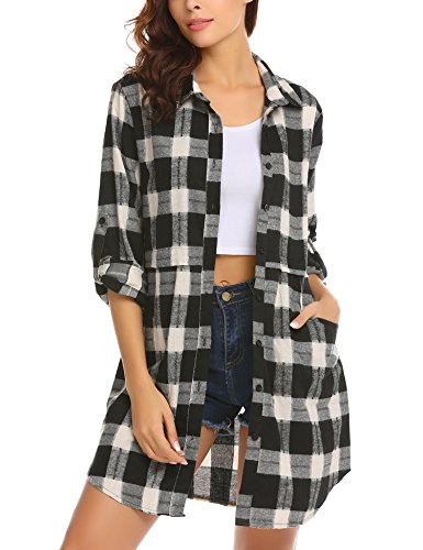 HOTOUCH Flannel Shirt Dress for Women Long Sleeve Button Down Plaid Tunic Shirt Dress (Black XXL)