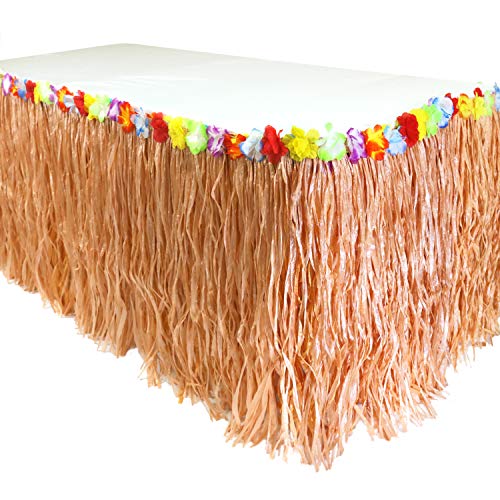 GiftExpress Luau Libiscus Grass Table Skirt for Hawaiian Party Supplies, Moana Birthday Party Decorations (Natural Hay Grass), 9 feet X29