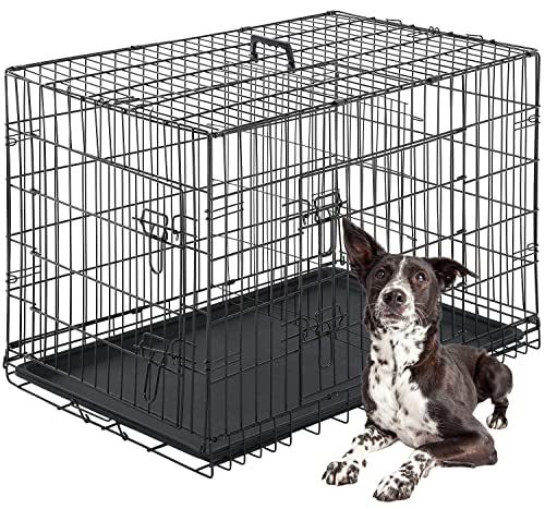 FDW Dog Crate Dog Cage Pet Crate for Large Dogs Folding Metal Pet Cage Double Door W/Divider Panel Indoor Outdoor Dog Kennel Leak-Proof Plastic Tray Wire Animal Cage (Black, 42 Inch)