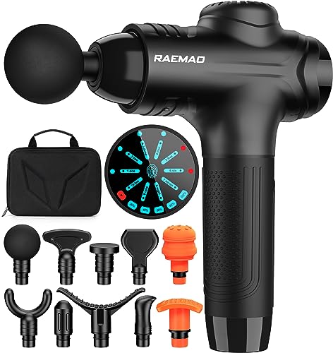 RAEMAO Massage Gun Deep Tissue, Back Massage Gun for Athletes for Pain Relief Attaching 10 PCS Specialized Replacement Heads, Percussion Massager with 10 Speeds & LED Screen, Black