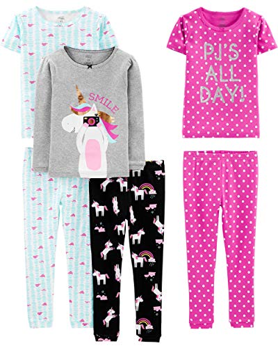 Simple Joys by Carter's Toddler Girls' 6-Piece Snug-Fit Cotton Pajama Set, Pack of 3, Black Unicorn/Blue Tortoise/Grey Heather/Pink Polka Dot, 5T
