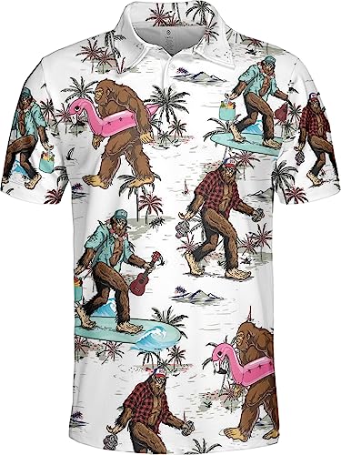 HIVICHI Golf Shirts for Men Funny Golf Polos for Men Tropical Golf Shirts for Men Golf Gift Bigfoot Sasquatch Big Foot Shirt