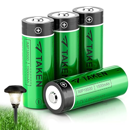 Taken 18500 Rechargeable Batteries, IMR 18500 1500mAh 3.7V Li-ion Rechargeable Battery with Button Top - 4 Pack