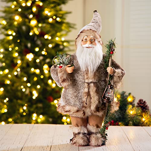 glitzhome Handmade Faux Fur Santa Figurine Christmas Holiday Decoration Ornaments Gray 18-inch