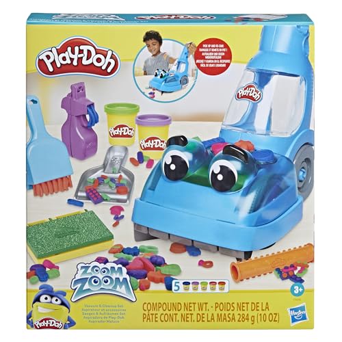 Play-Doh Zoom Zoom Vacuum and Cleanup Toy, Kids Vacuum Cleaner with 5 Cans, Cleaning Toys for 3 Year Old Girls and Boys and Up, Non-Toxic