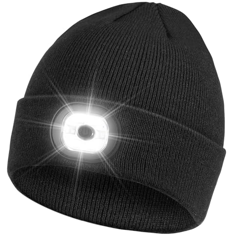LED Beanie with Light, Unisex USB Rechargeable Hands Free 6 LED Headlamp Cap Winter Knitted Night Lighted Hat Flashlight, Women Men Gifts for Dad Him Husband, Fishing Running Winter Camping Gear Black