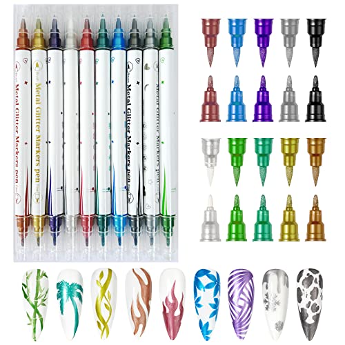 Gorvalin 10 Colors Double Ended Nail Art Polish Pens, 3D Metallic Nail Graffiti Dotting Drawing Point Pen Sets Nail Art Painted Pen Nail Design Kit for Nail Design Nail DIY Decoration