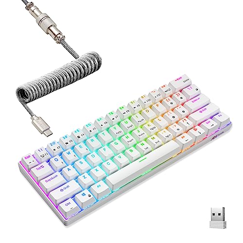 RK ROYAL KLUDGE RK61 60% Mechanical Keyboard with Coiled Cable, 2.4Ghz/Bluetooth/Wired, Bluetooth 61 Keys, Wireless RGB Hot Swappable Brown Switch Gaming Mini Keyboard with Software - White