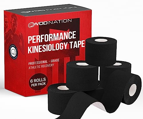 WOD Nation Kinesiology Tape Roll (Bulk 6 Pack) Latex Free, Waterproof Athletic Tape, Kinesio Tape, Sports Tape, Supports & Stabilizes Knee, Muscles, Joints - 2in x 16.4ft Per Roll, Black