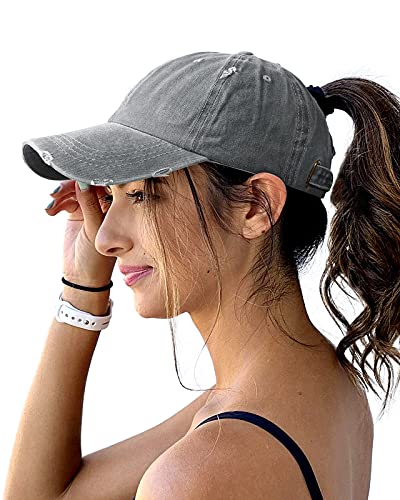 Lvaiz Womens Distressed Ponytail Baseball Cap Cotton Dad Hat with Ponytail Hole Versatile Washed Ponycaps,Grey